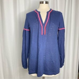Lilly Pulitzer navy blue v-neck top with neon pink trim